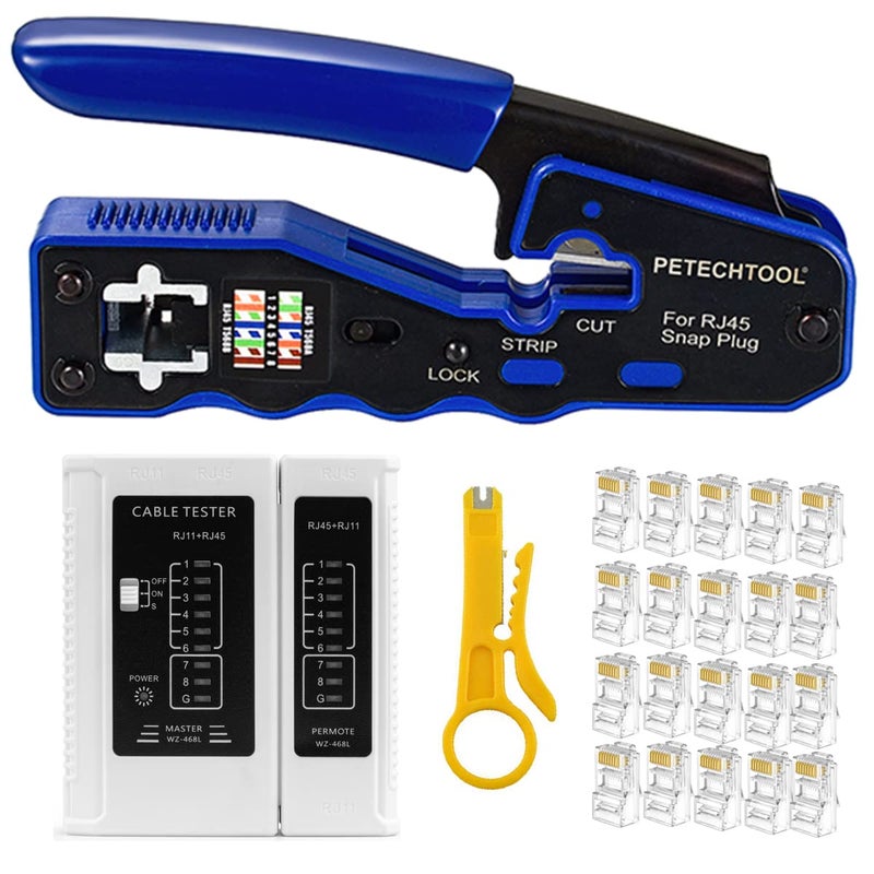 PETECHTOOL RJ45 Crimp Tool Kit Crimping Tool Ethernet Crimper Wire Cutter Stripper With 1 Piece Cable Tester,20Pieces Cat6 Pass Through Connectors and 1 Piece Yellow Wire Stripper - Image 1